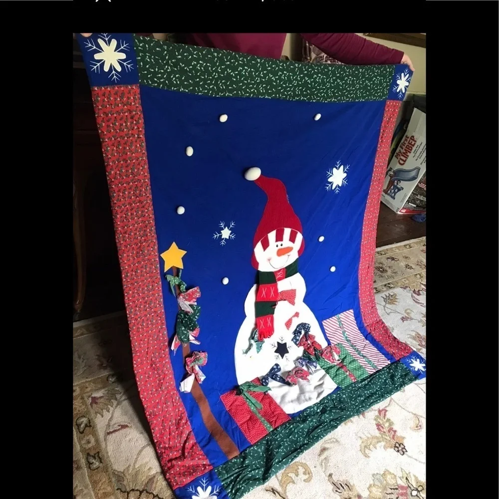 Rare Vintage 1970’s Handmade Snowman Holiday Quilt 4 Feet Tall